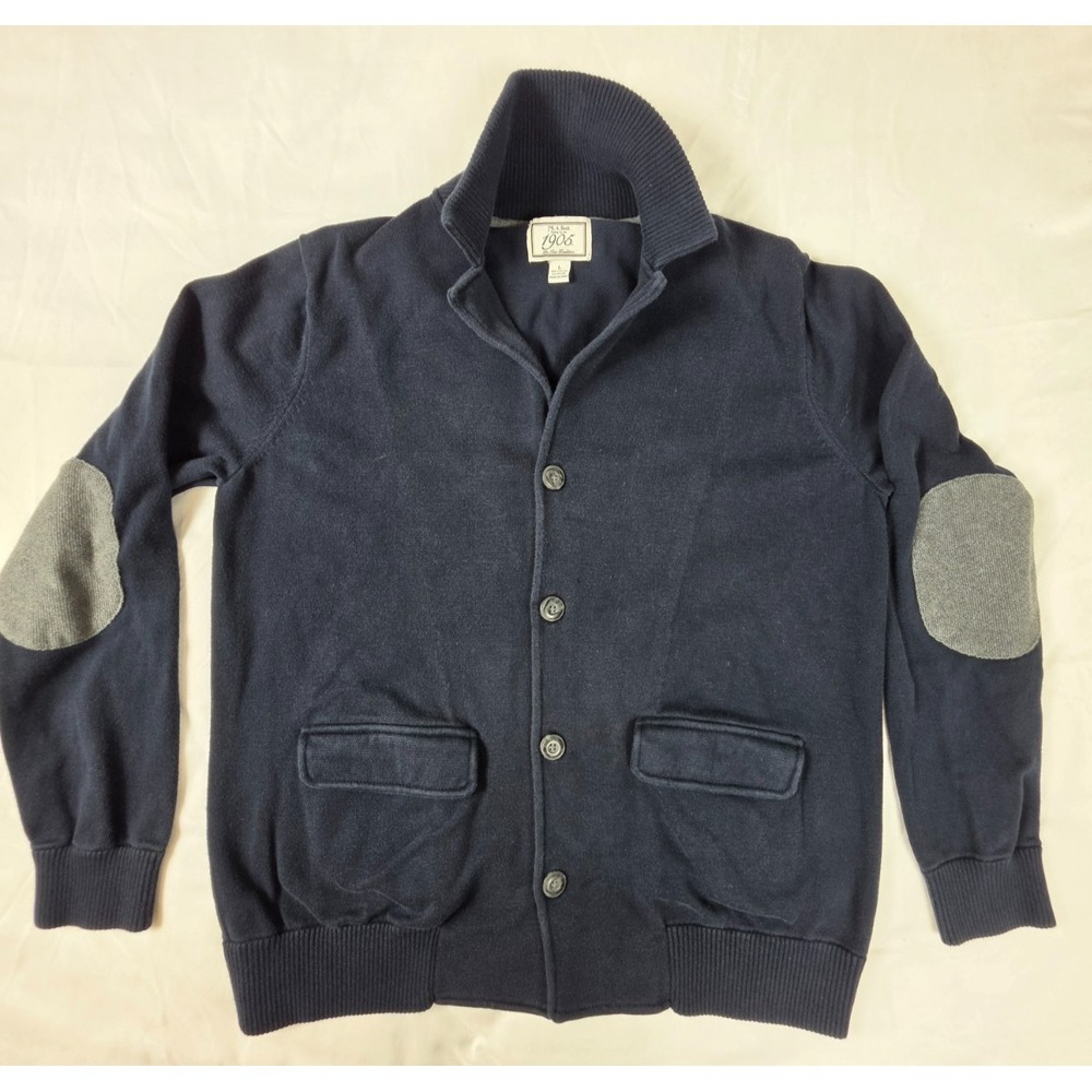 Jos A Bank 1905 Mens L Navy Cardigan Sweater Gray Elbow Patch Shawl Collar